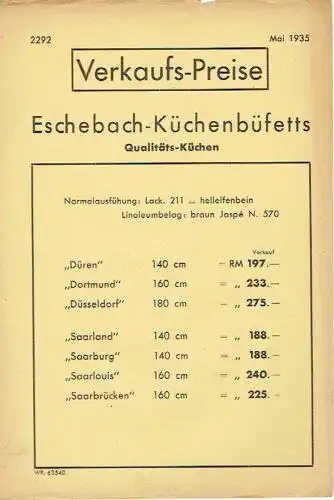 Mai 1935
 Verkaufs-Preis Eschebach-Küchenbüffets. 