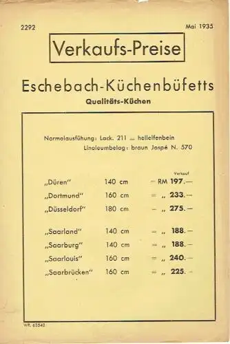 Verkaufs-Preis Eschebach-Küchenbüffets
 Mai 1935. 