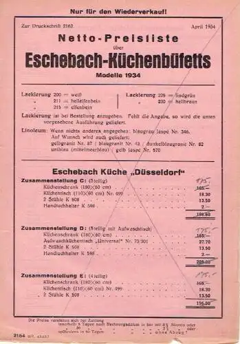 Modelle 1934
 Netto-Preisliste für Eschebach-Küchenbüffets. 