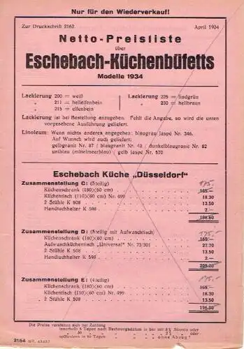 Netto-Preisliste für Eschebach-Küchenbüffets
 Modelle 1934. 