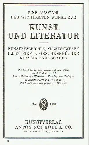Eine Auswahl der wichtigsten Werke zur Kunst und Literatur
 Kunstgeschichte, Kunstgewerbe, illustrierte Geschenkbücher, Klassiker-Ausgaben
 Mai 1924. 