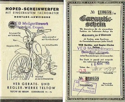 Moped Scheinwerfer mit eingebautem Tachometer
 Montage-Anweisung und Garantieschein. 