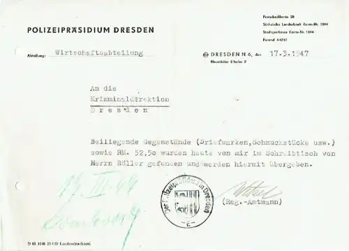 Quittung für die Abgabe beschlagnahmter Dinge. 