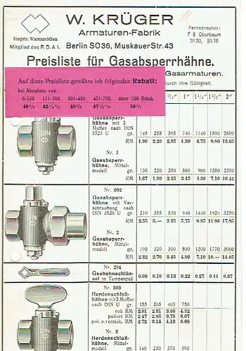 Preisliste für Gasabsperrhähne
 Nachtrag zur Preisliste 34. 