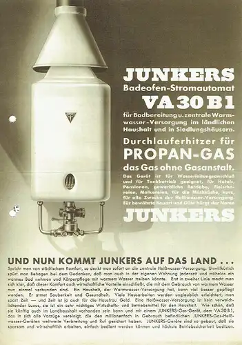 Junkers Badeofen-Stromautomat VA 30 B1 Propan-Gas-Durchlauferhitzer. 