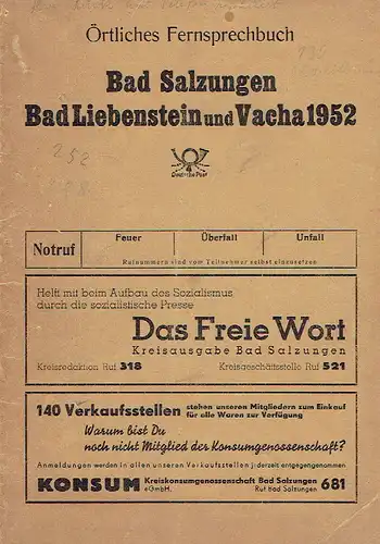 Örtliches Fernsprechbuch Bad Salzungen, Bad Liebenstein und Vacha 1952. 