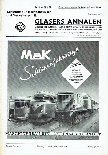 Glasers Annalen
 Zeitschrift für Verkehrstechnik und Maschinenbau
 Heft 6/1954. 