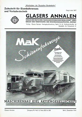 Glasers Annalen
 Zeitschrift für Verkehrstechnik und Maschinenbau
 Heft 12/1954. 