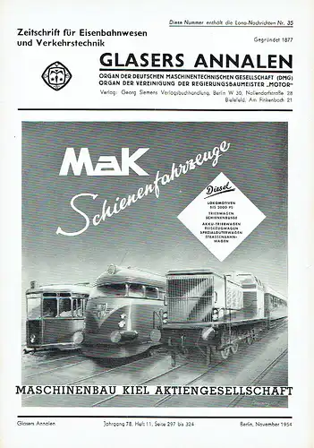 Glasers Annalen
 Zeitschrift für Verkehrstechnik und Maschinenbau
 Heft 11/1954. 