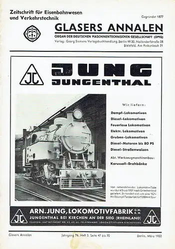 Glasers Annalen
 Zeitschrift für Verkehrstechnik und Maschinenbau
 Heft 3/1952. 