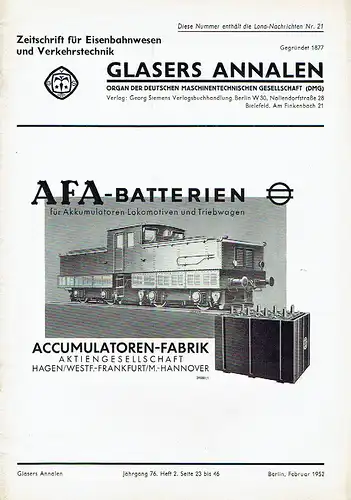 Glasers Annalen
 Zeitschrift für Verkehrstechnik und Maschinenbau
 Heft 2/1952. 