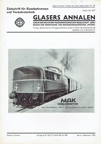 Glasers Annalen
 Zeitschrift für Verkehrstechnik und Maschinenbau
 Heft 12/1952. 