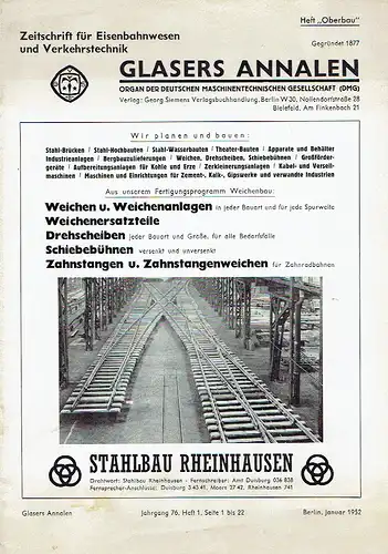 Glasers Annalen
 Zeitschrift für Verkehrstechnik und Maschinenbau
 Heft 1/1952. 