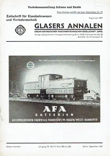 Glasers Annalen
 Zeitschrift für Verkehrstechnik und Maschinenbau
 Heft 9/1951. 