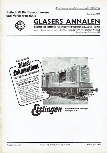 Glasers Annalen
 Zeitschrift für Verkehrstechnik und Maschinenbau
 Heft 6/1951. 