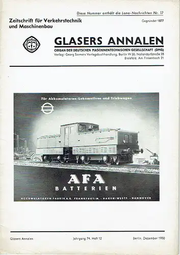 Glasers Annalen
 Zeitschrift für Verkehrstechnik und Maschinenbau
 Heft 12/1950. 