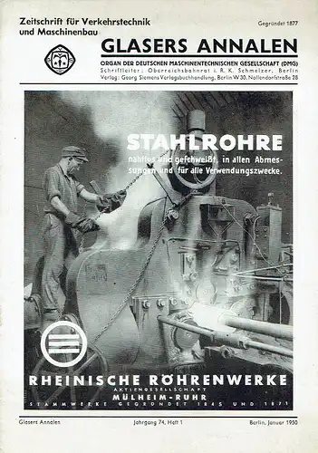 Glasers Annalen
 Zeitschrift für Verkehrstechnik und Maschinenbau
 Heft 1/1950. 