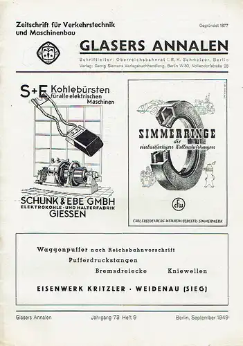 Glasers Annalen
 Zeitschrift für Verkehrstechnik und Maschinenbau
 Heft 9/1949. 