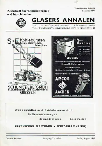 Glasers Annalen
 Zeitschrift für Verkehrstechnik und Maschinenbau
 Heft 8/1949. 