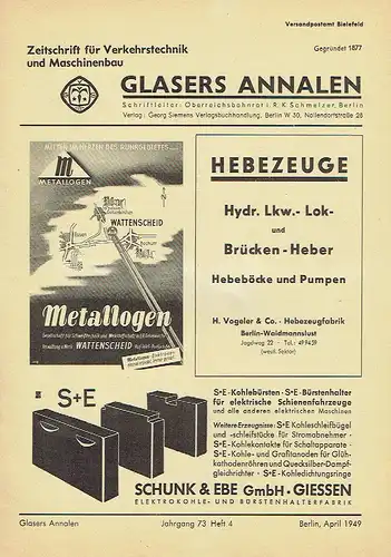 Glasers Annalen
 Zeitschrift für Verkehrstechnik und Maschinenbau
 Heft 4/1949. 