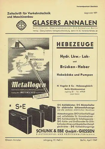 Glasers Annalen
 Zeitschrift für Verkehrstechnik und Maschinenbau. 