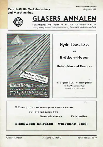 Glasers Annalen
 Zeitschrift für Verkehrstechnik und Maschinenbau
 Heft 2/1949. 