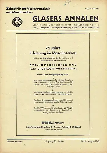 Glasers Annalen
 Zeitschrift für Verkehrstechnik und Maschinenbau
 Heft 8/1948. 