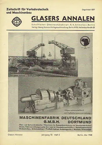 Glasers Annalen
 Zeitschrift für Verkehrstechnik und Maschinenbau
 Heft 5/1948. 