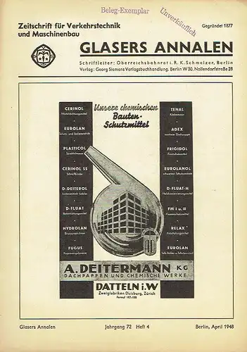 Glasers Annalen
 Zeitschrift für Verkehrstechnik und Maschinenbau
 Heft 4/1948. 