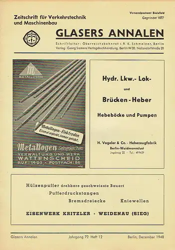 Glasers Annalen
 Zeitschrift für Verkehrstechnik und Maschinenbau
 Heft 12/1948. 