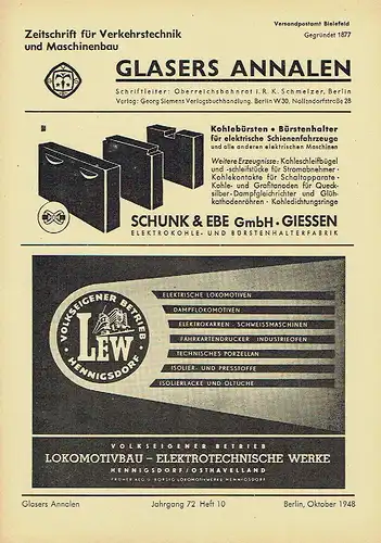 Glasers Annalen
 Zeitschrift für Verkehrstechnik und Maschinenbau
 Heft 10/1948. 