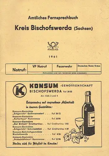 Amtliches Fernsprechbuch Kreis Bischofswerda (Sachsen)
 mit den Ortsnetzen Bischofswerda, Burkau, Großharthau, Großröhrsdorf, Neukirch und Pulsnitz. 