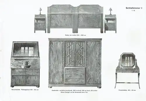 Architekt W. Schliebener: Vorbildliche Schlafzimmer- und Küchenmöbel
 40 Tafeln, je 6 verschiedene Muster, insgesamt 75 Einzelformen mit Grund- und Seitenrissen im Maßstab 1:10, Detailschnitte in halber natürlicher Grüße. 