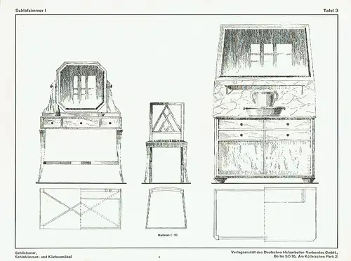 Architekt W. Schliebener: Vorbildliche Schlafzimmer- und Küchenmöbel
 40 Tafeln, je 6 verschiedene Muster, insgesamt 75 Einzelformen mit Grund- und Seitenrissen im Maßstab 1:10, Detailschnitte in halber natürlicher Grüße. 