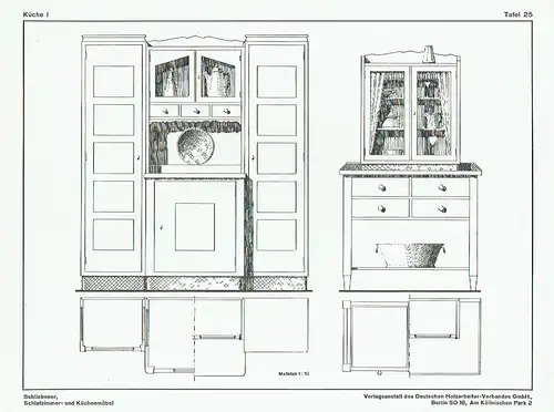 Architekt W. Schliebener: Vorbildliche Schlafzimmer- und Küchenmöbel
 40 Tafeln, je 6 verschiedene Muster, insgesamt 75 Einzelformen mit Grund- und Seitenrissen im Maßstab 1:10, Detailschnitte in halber natürlicher Grüße. 