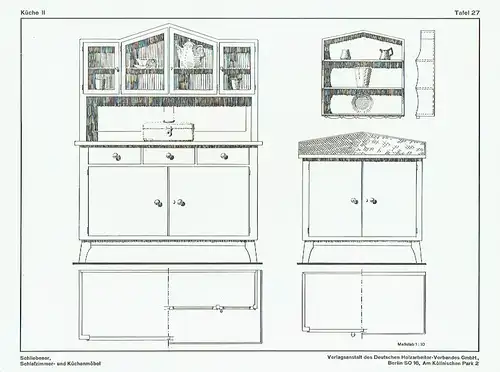 Architekt W. Schliebener: Vorbildliche Schlafzimmer- und Küchenmöbel
 40 Tafeln, je 6 verschiedene Muster, insgesamt 75 Einzelformen mit Grund- und Seitenrissen im Maßstab 1:10, Detailschnitte in halber natürlicher Grüße. 