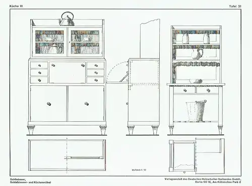 Architekt W. Schliebener: Vorbildliche Schlafzimmer- und Küchenmöbel
 40 Tafeln, je 6 verschiedene Muster, insgesamt 75 Einzelformen mit Grund- und Seitenrissen im Maßstab 1:10, Detailschnitte in halber natürlicher Grüße. 
