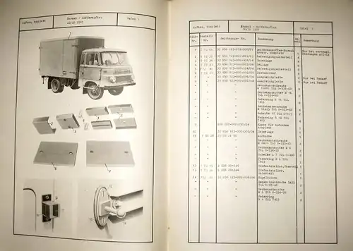 Montage-, Reparaturhinweise und Ersatzteilliste für Leichtbaukoffer Normal- und Isothermausführung in Wabenbauweise auf Fahrgestell ROBUR LO/LD 2500 und 2501
 Ausgabe 1969. 
