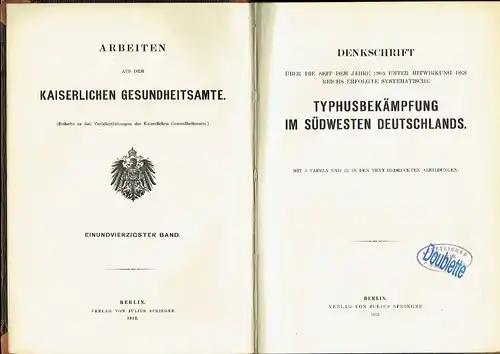 Denkschrift über die seit dem Jahre 1903 unter Mitwirkung des Reichs erfolgte systematische Typhusbekämpfung im Südwesten Deutschlands
 Arbeiten aus dem Kaiserlichen Gesundheitsamte, 41. Band. 