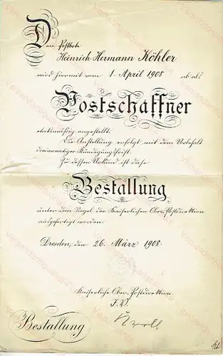 3 verschiedene Urkunden eines Postschaffners aus den Jahren 1908 bis 1912. 