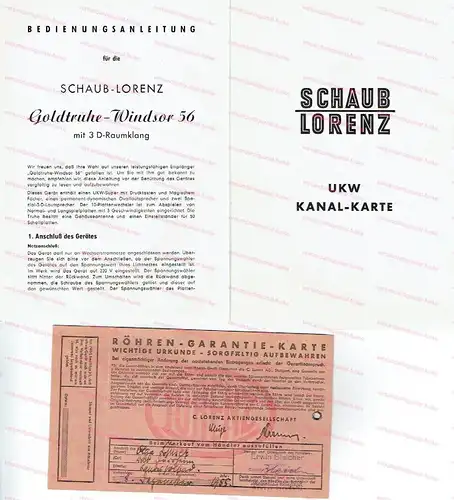 Bedienungsanleitung für die Schaub-Lorenz Goldtruhe-Windsor 56 / UKW Kanal-Karte / Röhren-Garantie-Karte. 