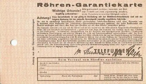 Röhren-Garantiekarte. 