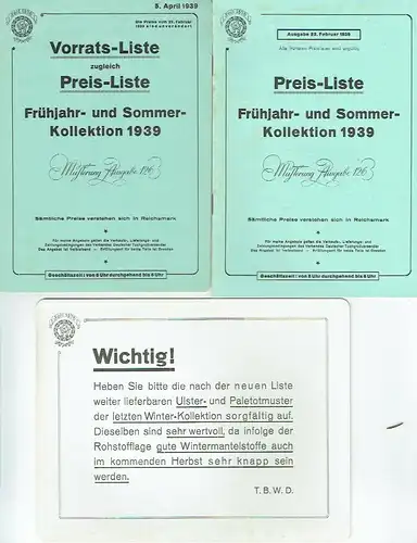 Konvolut Geschäftsverkehr und Preislisten Frühjahr / Sommer 1939. 