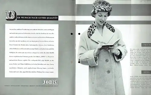 Herbst- und Winter Kollektion 1956-57
 Jobis Mäntel und Kostüme. 