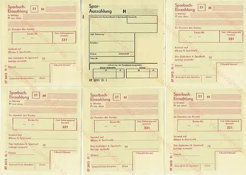 6 unbenutzte Sparbuch-Einzahlungs- und -Auszahlungsscheine. 