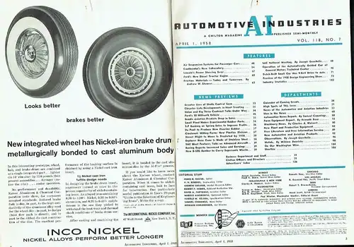 Automotive Industries
 Automotive and Aviation Manufacturing, Engineering, Production and Management - A Chilton Magazine
 Vol. 118, No. 7 bis 12. 