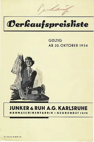 Verkaufspreisliste, gültig ab Oktober 1934. 