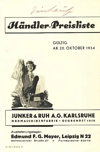 Händler-Preisliste, gültig ab Oktober 1934. 