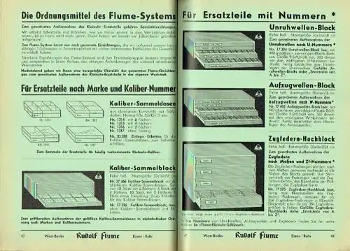 Das Flume-System
 Eine Beratung für Planung, Aufbau und Bewirtschaftung eines leistungsfähigen Lagers der Kleinuhr- und Großuhr-Ersatzteile in der Reparaturwerkstatt des Uhrmachers. 