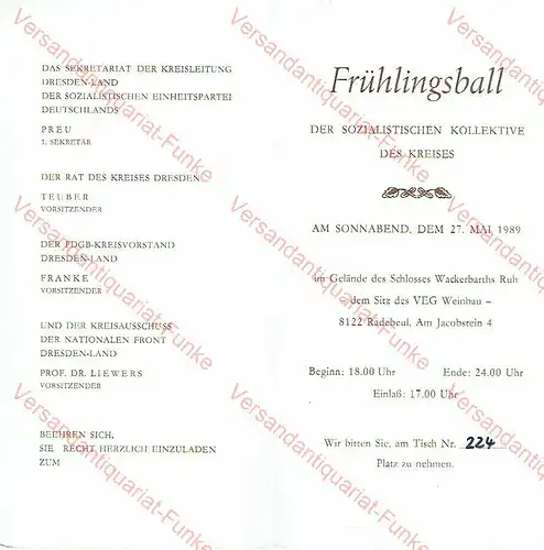 Frühlingsball 27. Mai 1989
 Einladungskarte und Getränkekarte. 